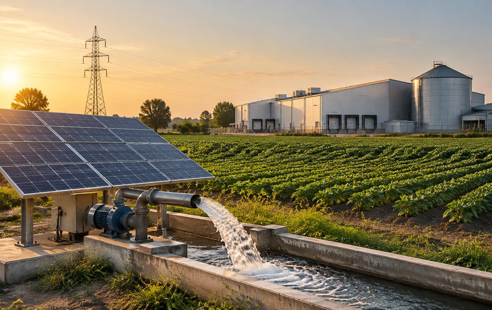 Modern solar-powered irrigation and agricultural processing infrastructure