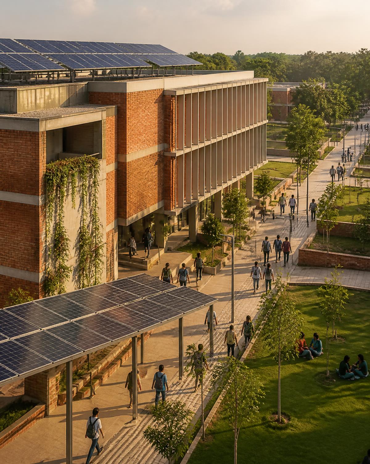 Modern university campus with rooftop solar and a solar-shaded walkway
