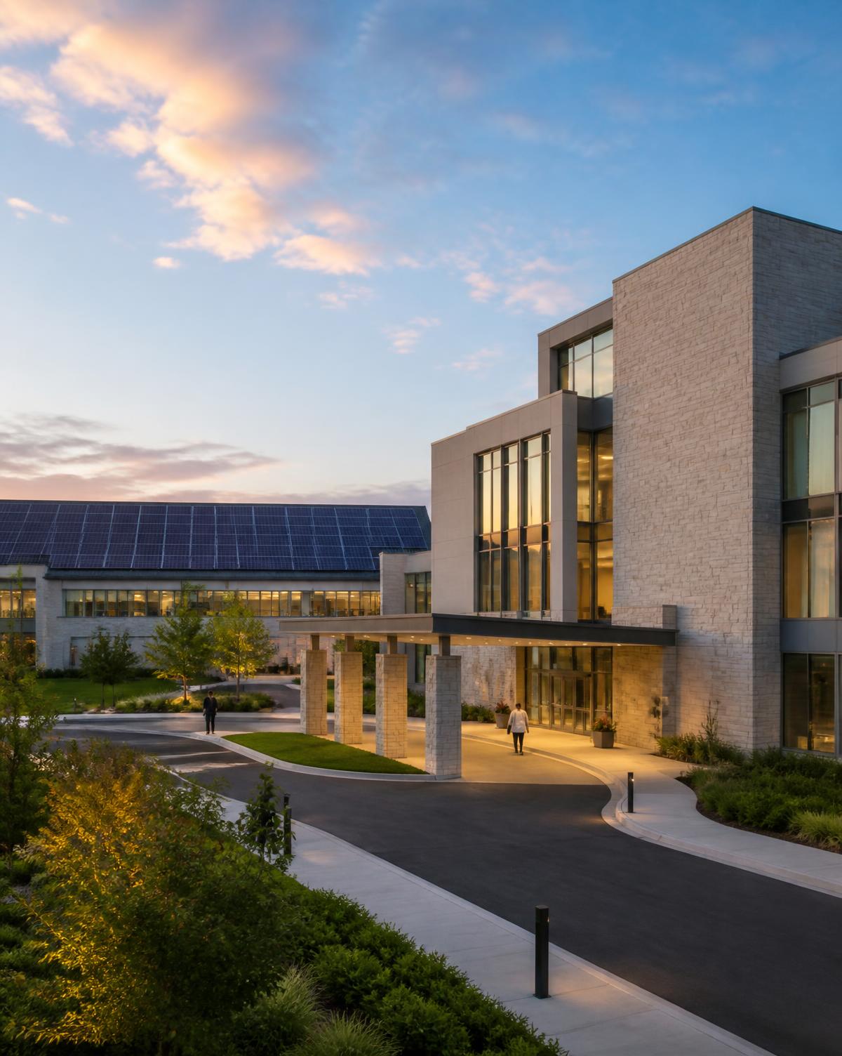 Modern hospital campus at dusk with rooftop solar on the adjacent wing