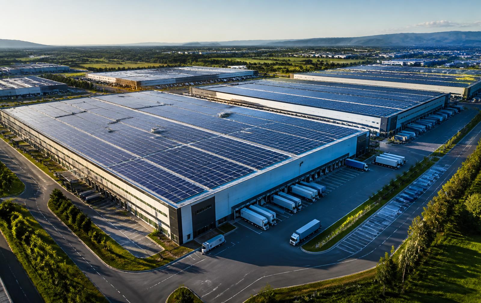 Aerial view of a logistics campus with extensive rooftop solar