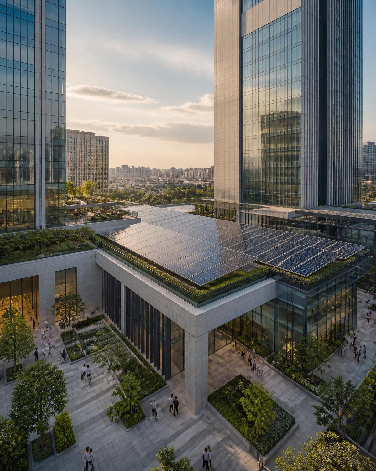 Contemporary office and mixed-use complex with a large rooftop solar array
