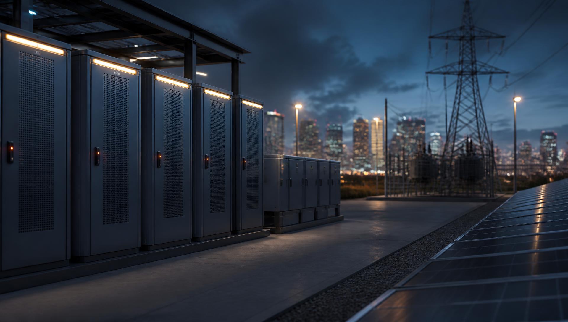 Battery storage cabinets and electrical switchgear beside a solar array at blue hour, with a city and substation beyond