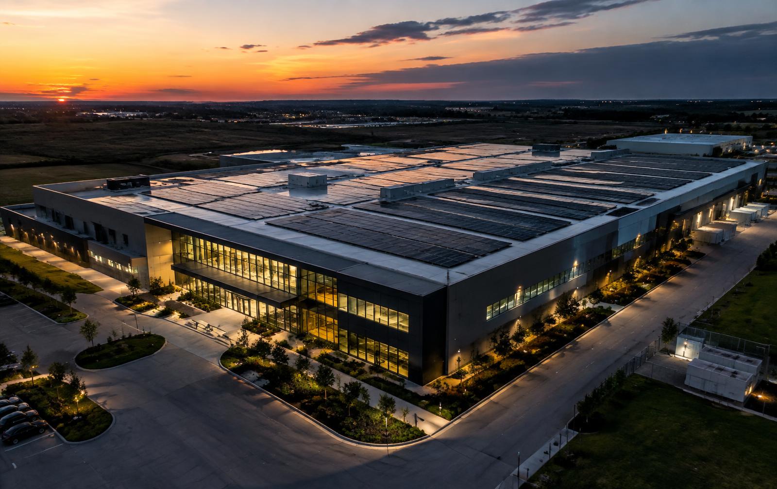 Modern industrial facility with a large rooftop solar system