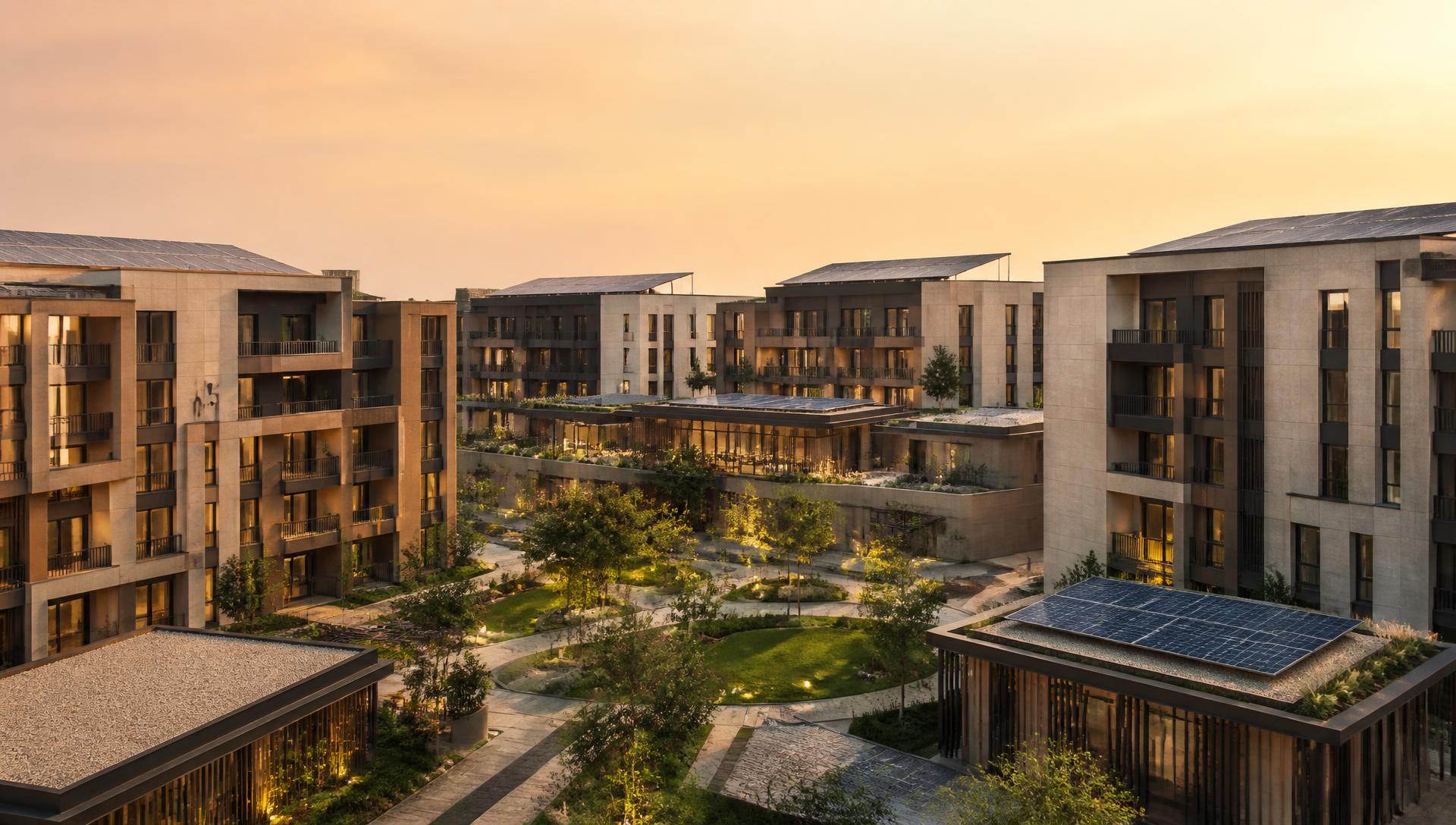 Contemporary mixed-use development with solar integrated across multiple rooftops