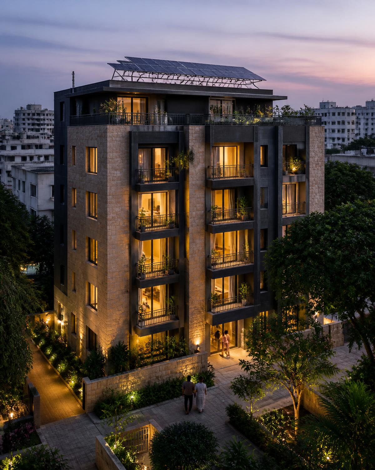 Modern apartment building at dusk with a rooftop solar array